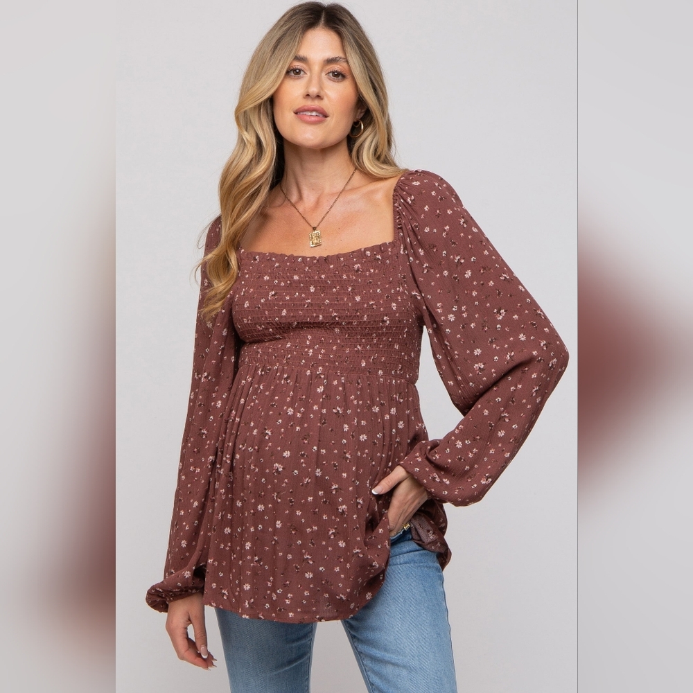 Pinkblush Mauve Brown Floral Smocked Square Neck Long Sleeve Top